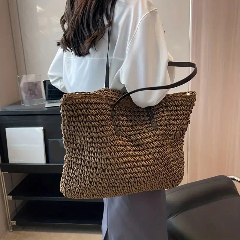 Oversized woven straw beach tote bag, view 7