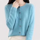 Fall Soft Brushed Fine Knit Crewneck Button Cardigan for Women in Light Blue