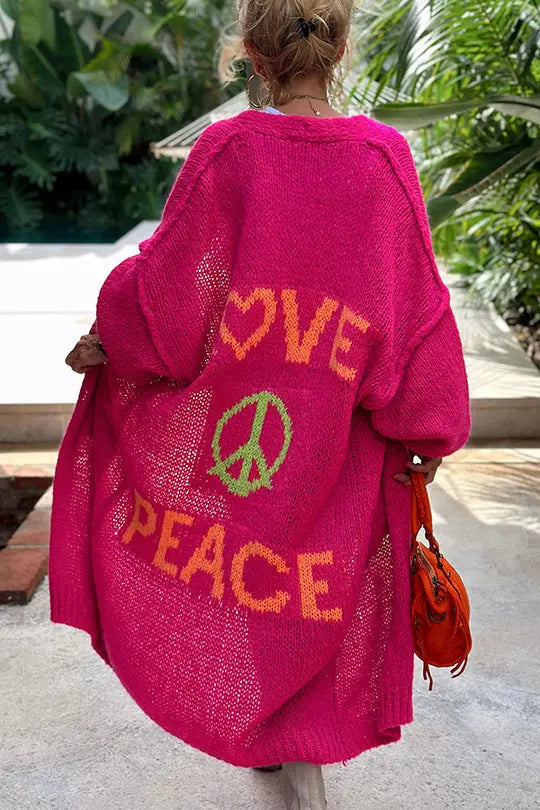 Oversized printed boho knit cardigan in light pink