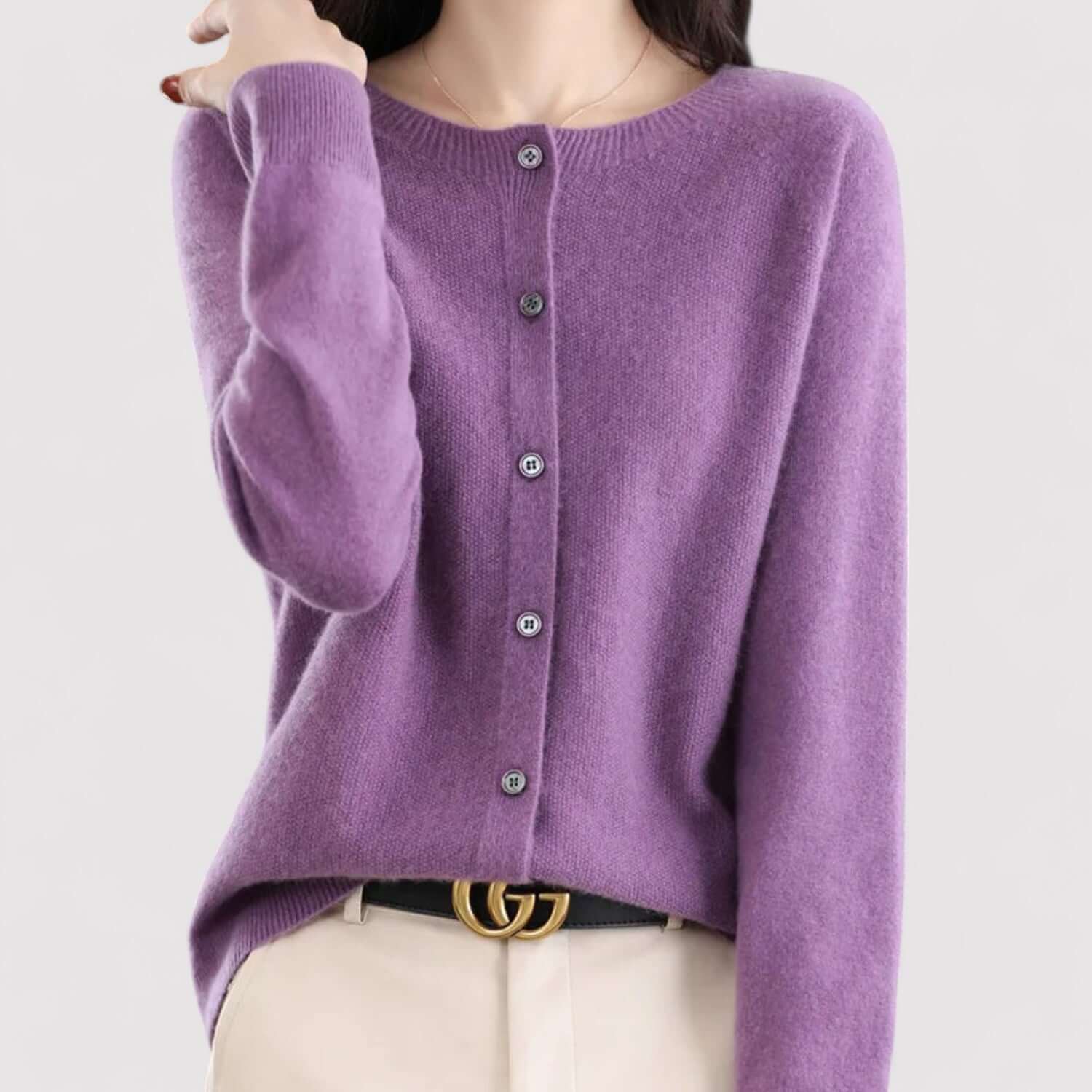 Fall Soft Brushed Fine Knit Crewneck Button Cardigan for Women in Purple