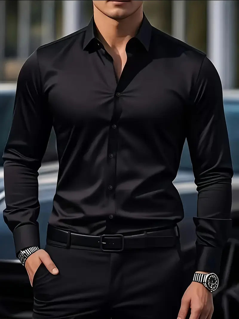 Fall Slim Fit Breathable Long Sleeve Dress Shirt for Men in Black
