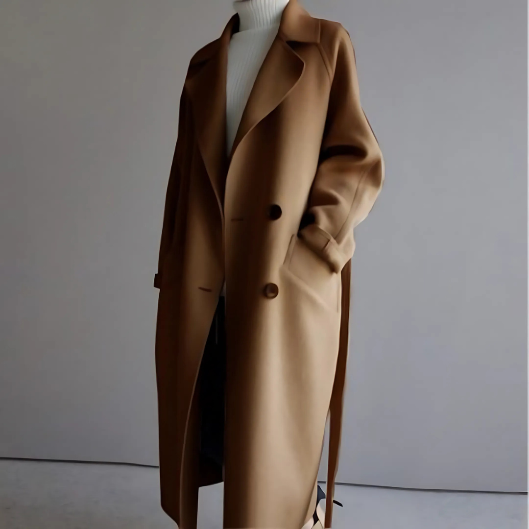 Winter Wool Feel Belted Long Wrap Coat for Women in Camel