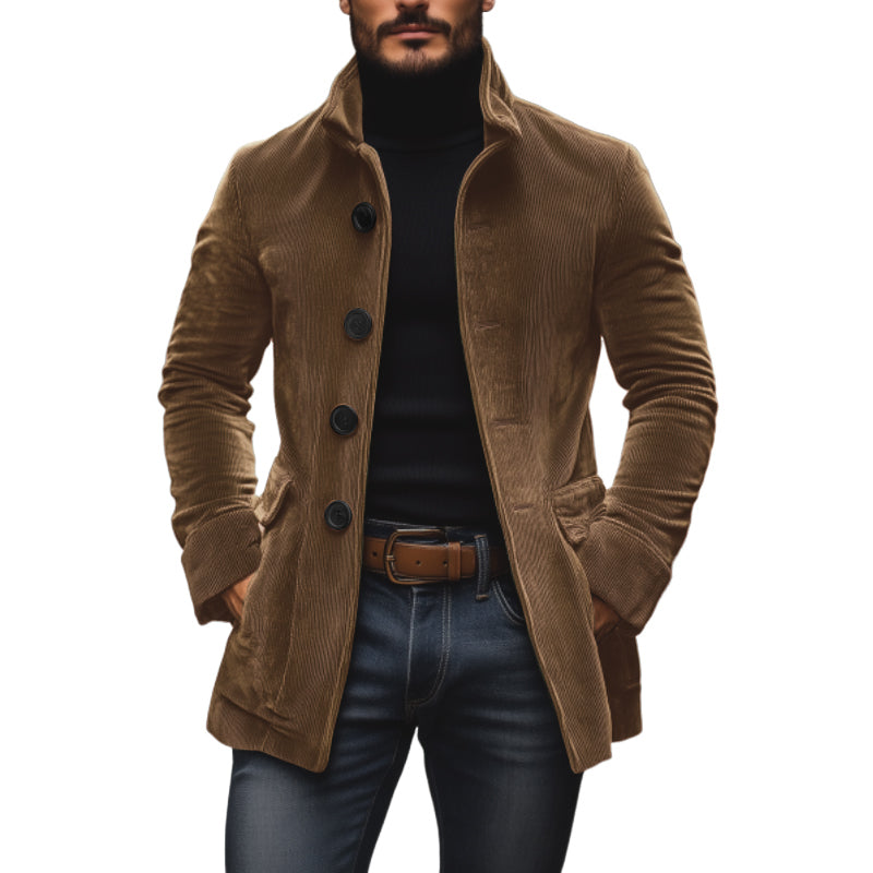 Fall Corduroy Stand Collar Button Front Short Coat for Men in Tan