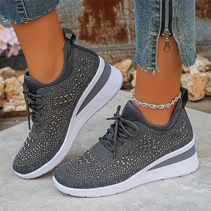 Fall Rhinestone Wedge Orthopedic Style Sneakers for Women in Gray