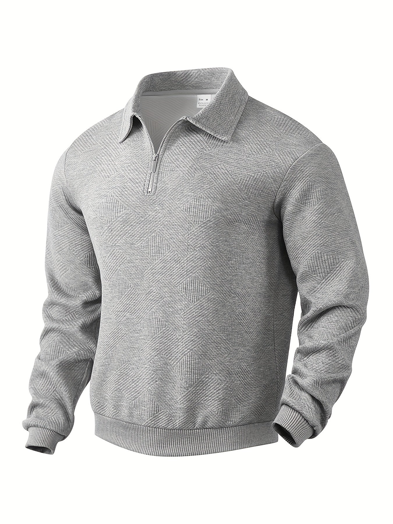 Fall Textured Geometric Polo Collar Quarter Zip Sweater for Men in Gray