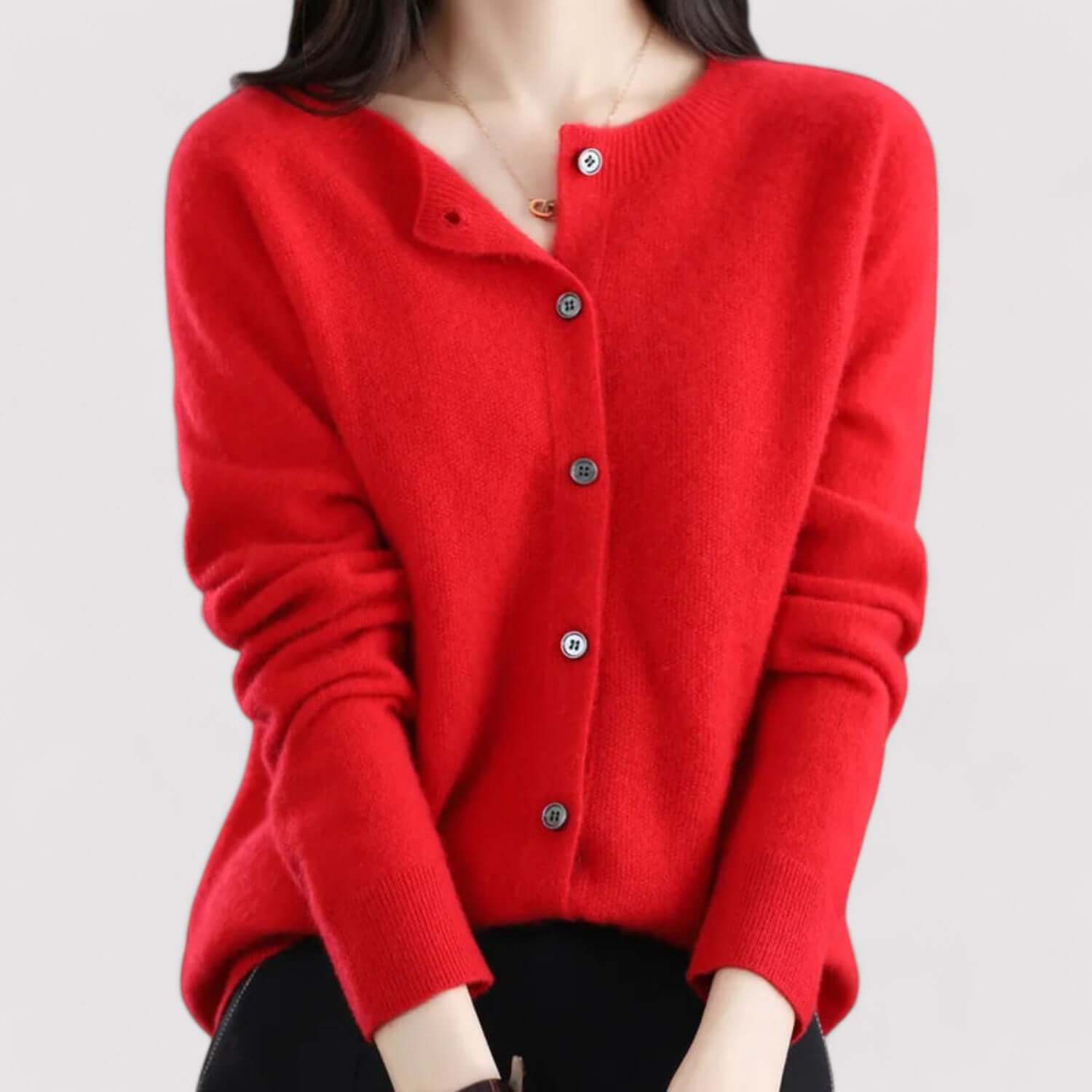 Fall Soft Brushed Fine Knit Crewneck Button Cardigan for Women in Red