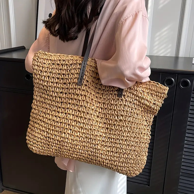 Oversized woven straw beach tote bag, view 3
