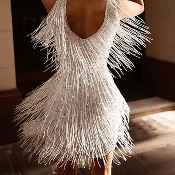 Sequin Fringe V Neck Flapper Mini Party Dress for Women