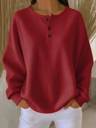 Fall Waffle Knit Oversized Henley Top for Women in Red