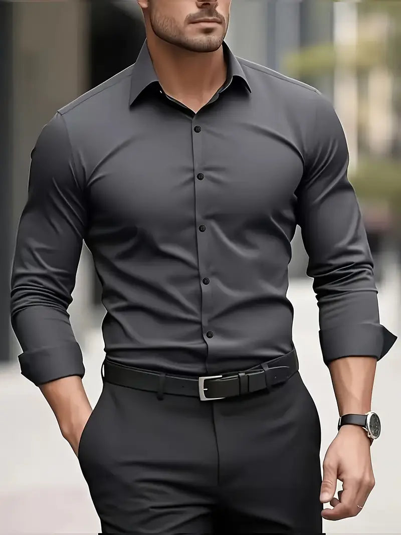 Fall Slim Fit Breathable Long Sleeve Dress Shirt for Men in Charcoal Gray