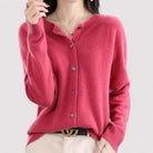 Fall Soft Brushed Fine Knit Crewneck Button Cardigan for Women in Dark Pink