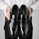 Winter Glossy Faux Leather Slip On Loafers for Men in Black