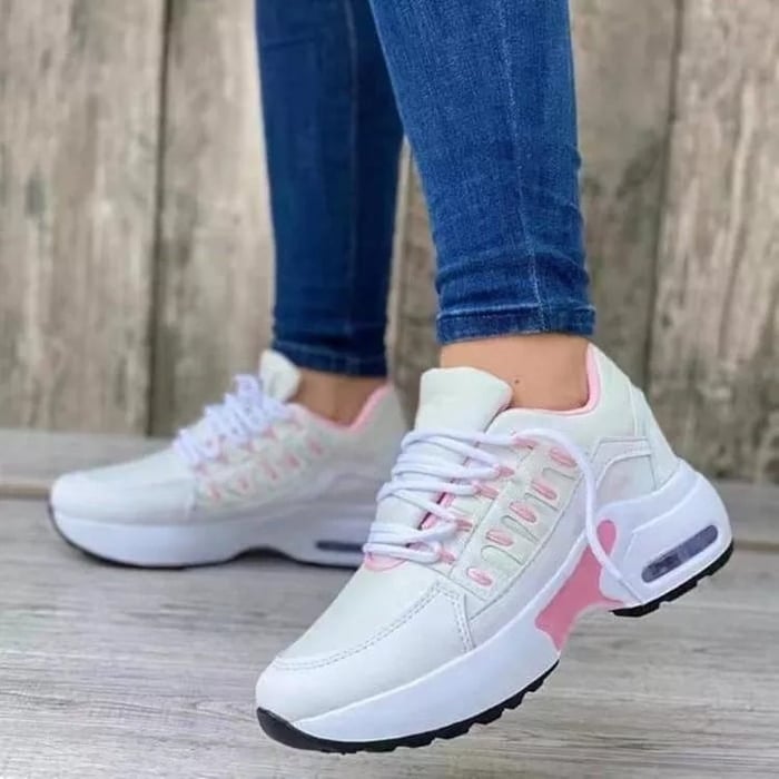 Fall Lightweight Air Cushion Walking Sneakers for Women in White Pink