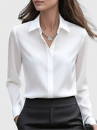 Fall Hidden Placket Curved Hem Long Sleeve Shirt for Women in White
