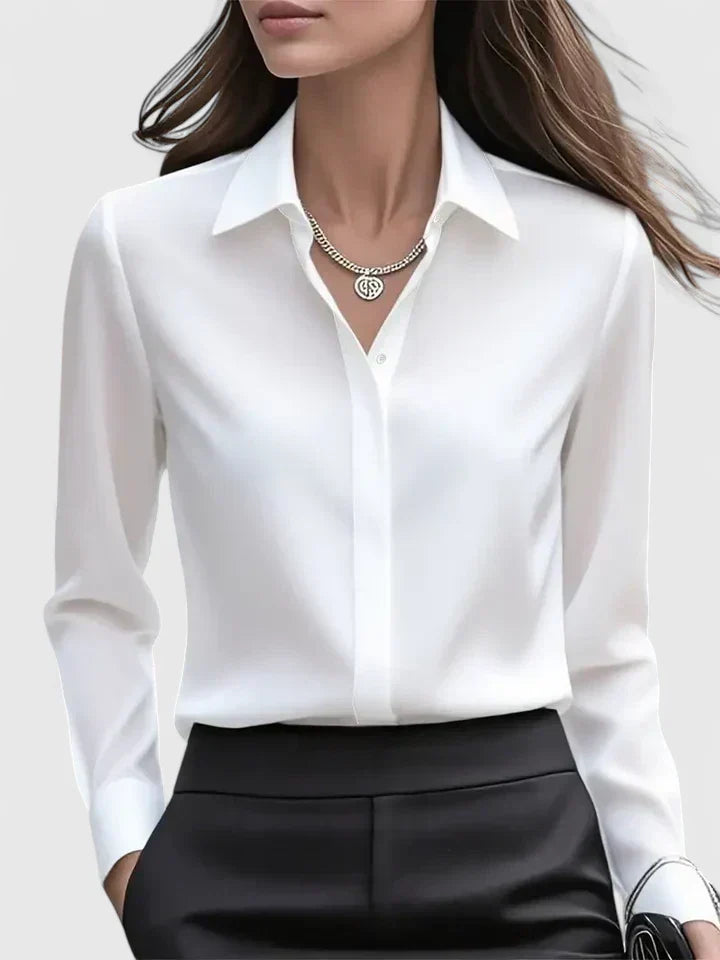 Fall Hidden Placket Curved Hem Long Sleeve Shirt for Women in White