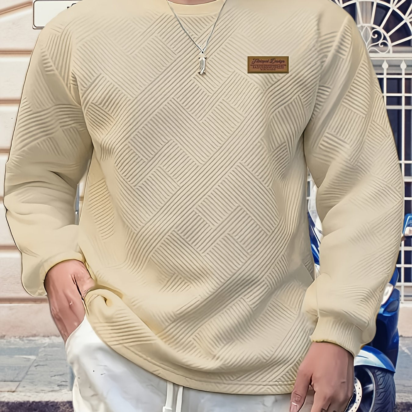 Sweatshirt Mens Crew Neck Textured Pullover Ribbed Trim Everyday