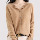 Fall Soft Brushed Fine Knit Crewneck Button Cardigan for Women in Light Brown