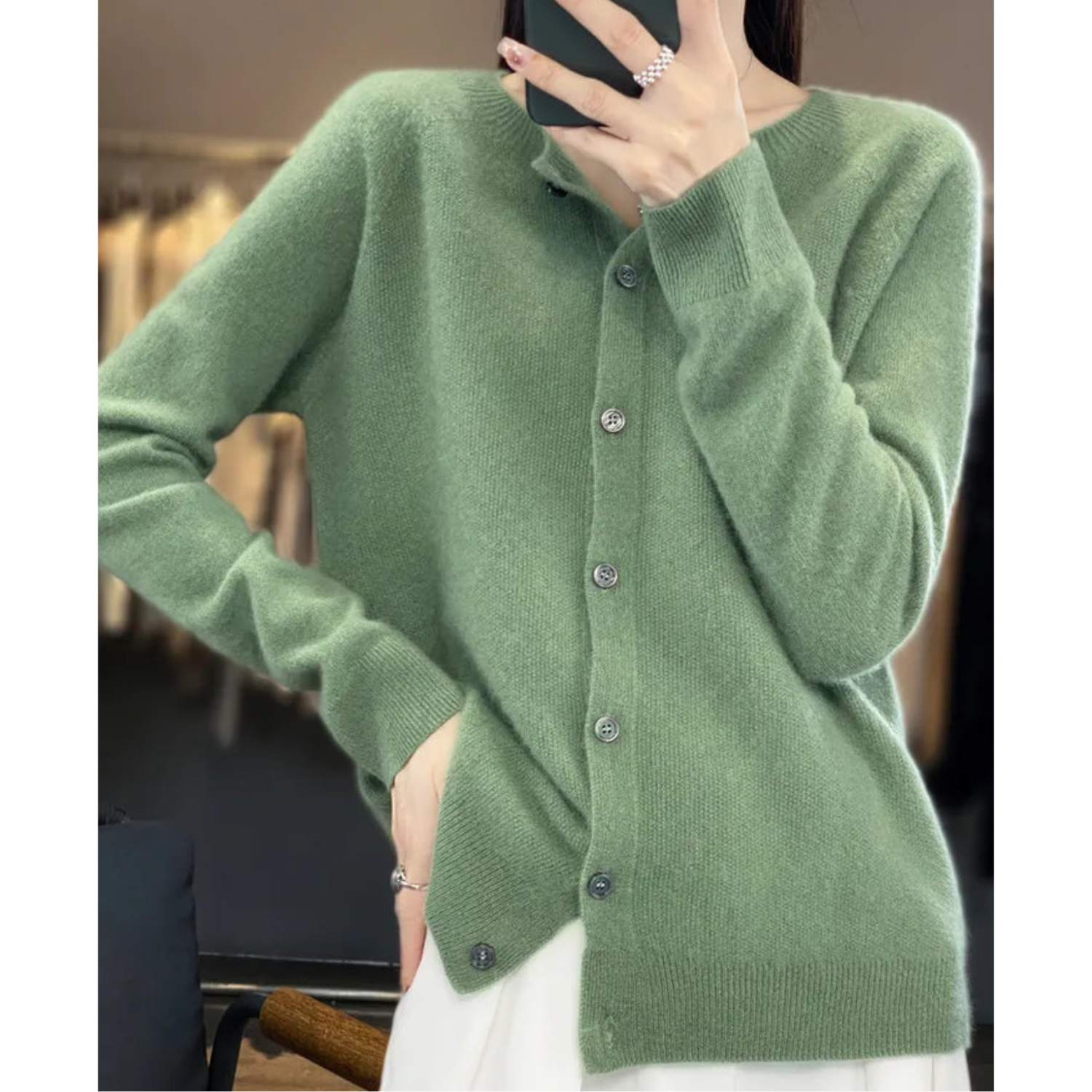 Open front cashmere knit cardigan in light green