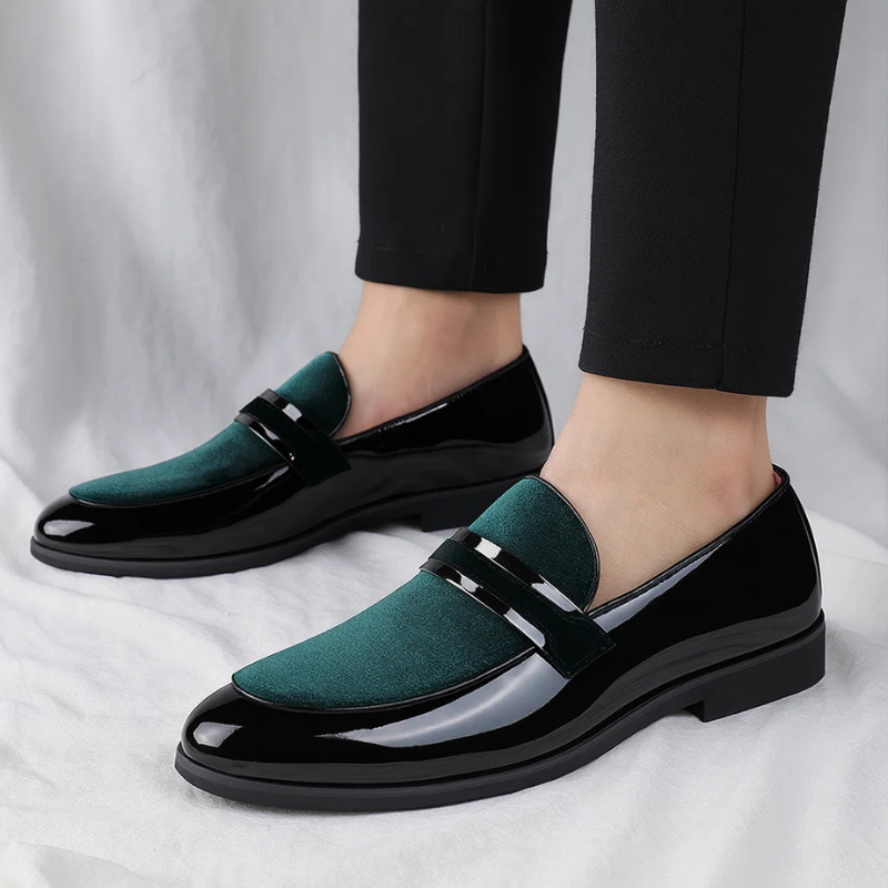Polished leather suede panel penny loafer, view 4