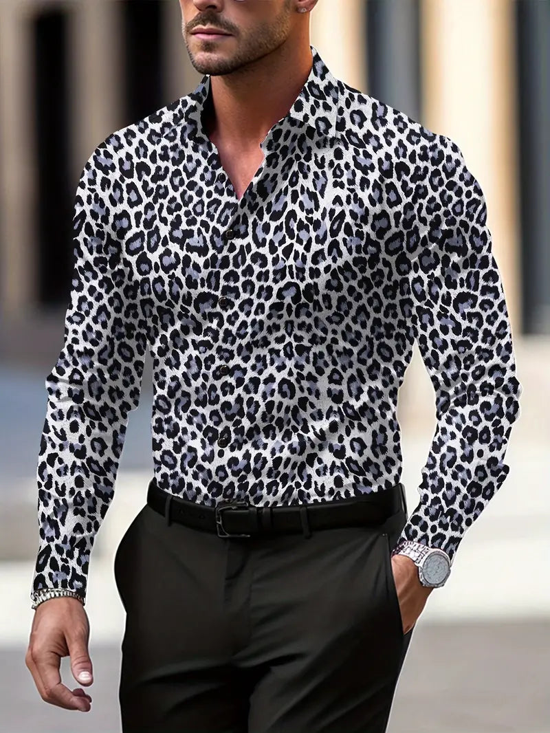Graphic leopard print short sleeve shirt in gray