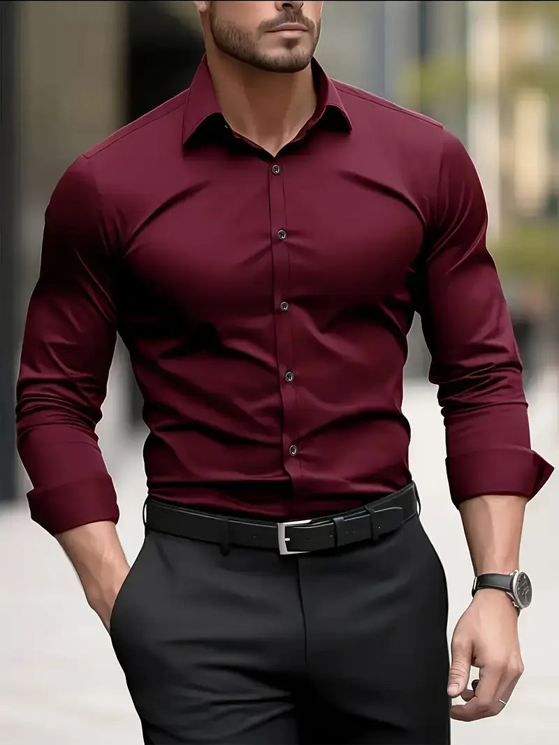 Fall Slim Fit Breathable Long Sleeve Dress Shirt for Men in Burgundy