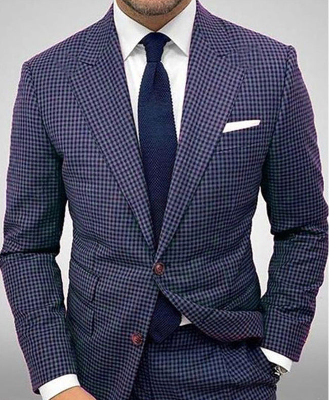 Fall Slim Fit Plaid Two Button Suit Blazer for Men in Navy Check