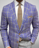 Fall Slim Fit Plaid Two Button Suit Blazer for Men in Purple Plaid