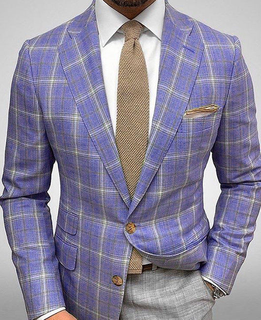 Fall Slim Fit Plaid Two Button Suit Blazer for Men in Purple Plaid