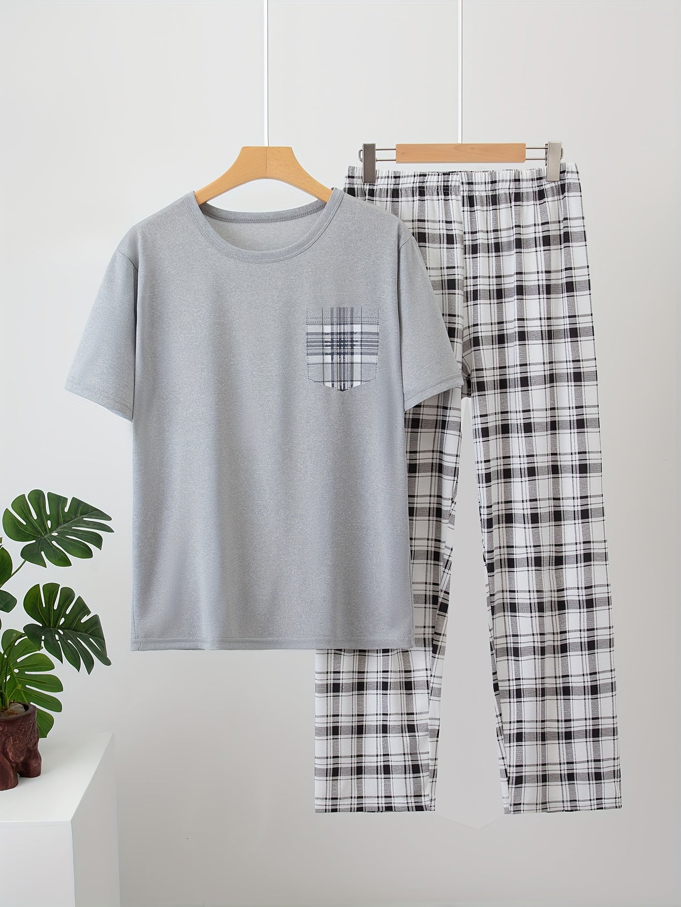 Lounge Set Womens Two Piece Checkered Short Sleeve Top Pyjama Pant