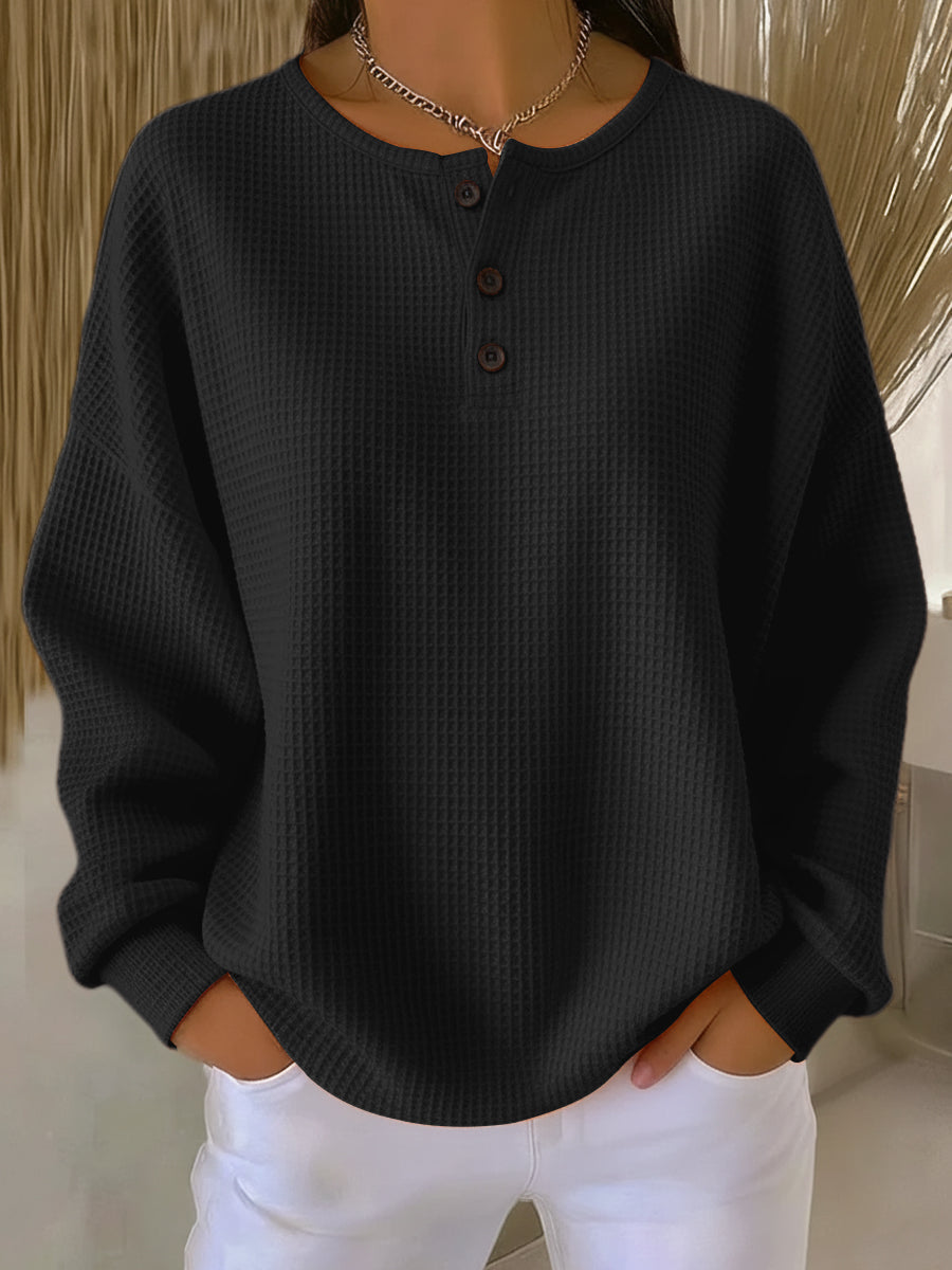 Fall Waffle Knit Oversized Henley Top for Women in Black