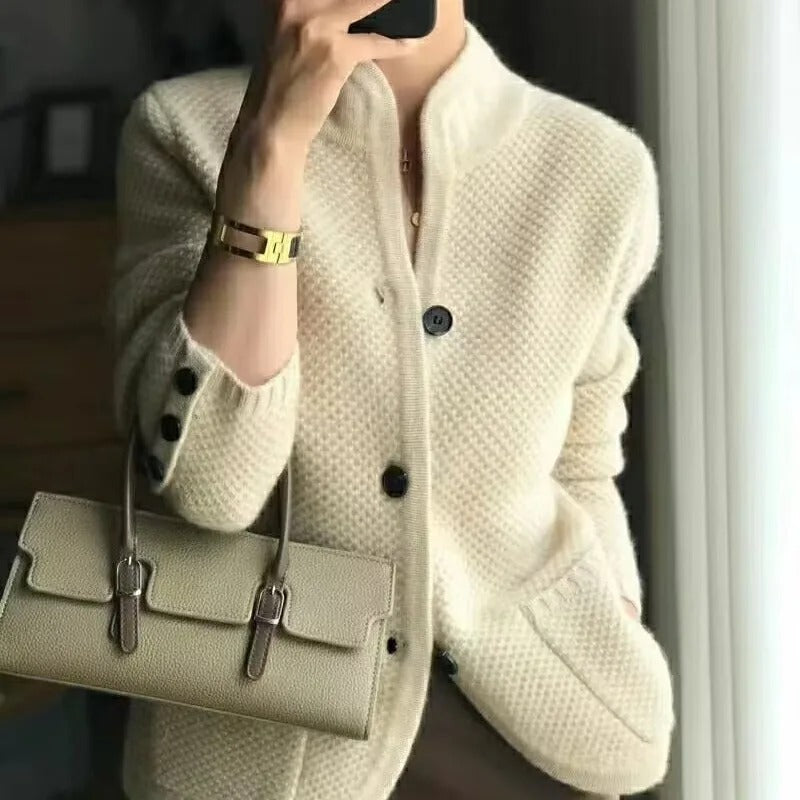 Fall Textured Stand Collar Button Cardigan for Women in Beige