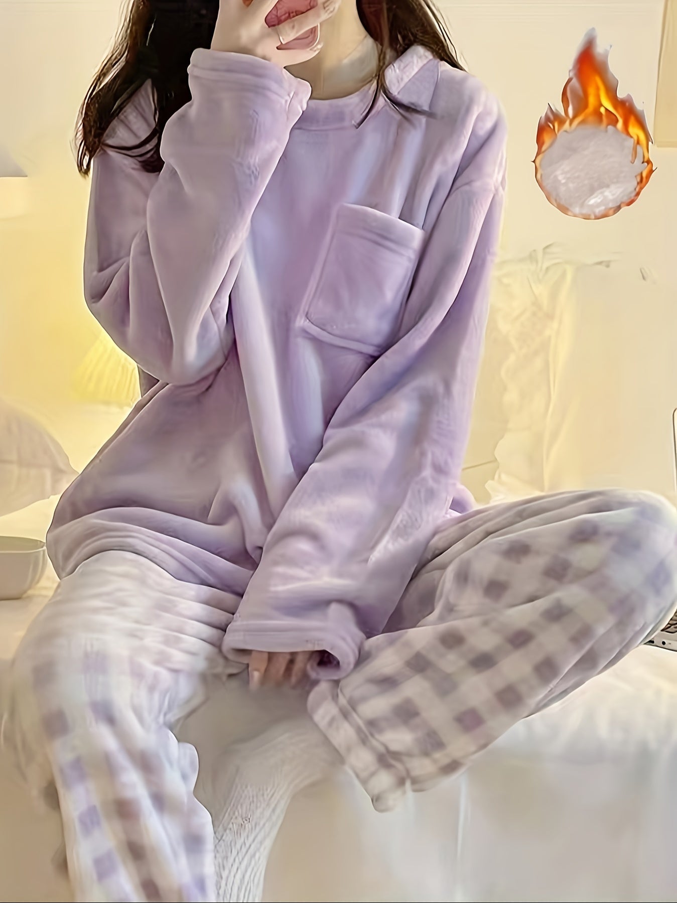 Lounge Set Womens Two Piece Cozy Fleece Warm Pyjama Set Winter