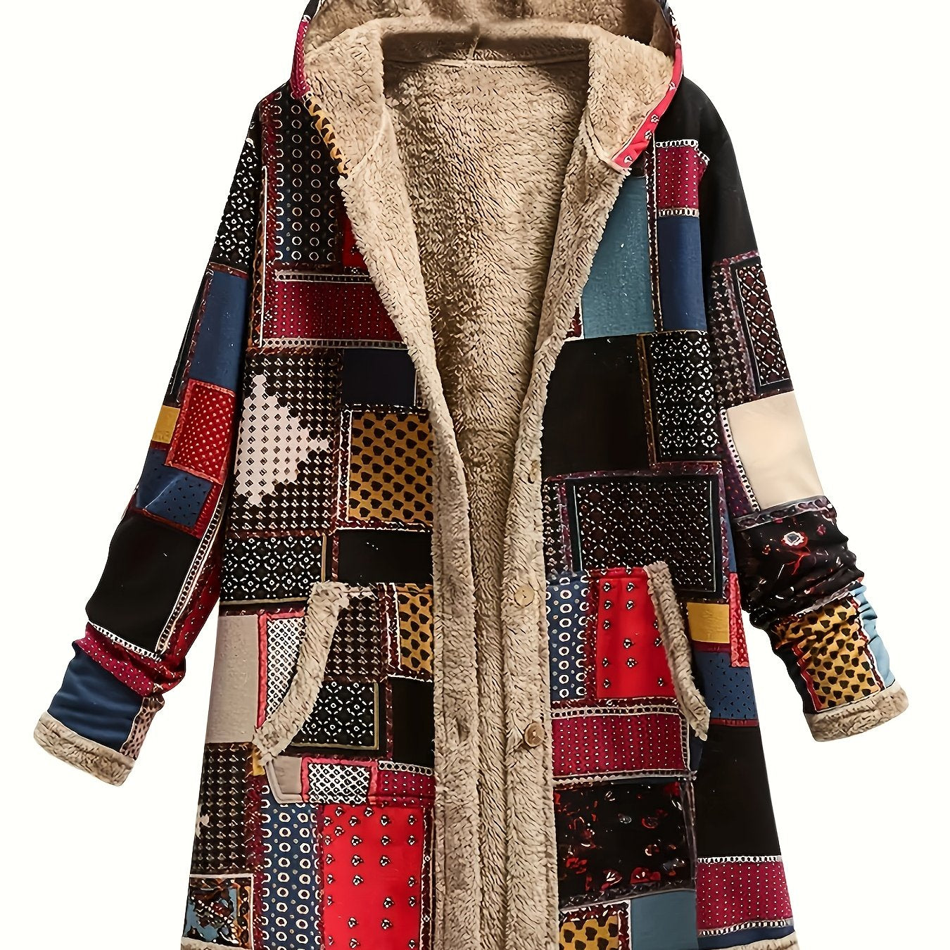 Sherpa Jacket Womens Patchwork Print Hooded Plush Lined Boho Warm