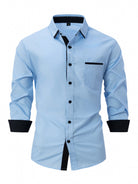 Fall Slim Fit Cotton Blend Contrast Trim Dress Shirt for Men in Light Blue