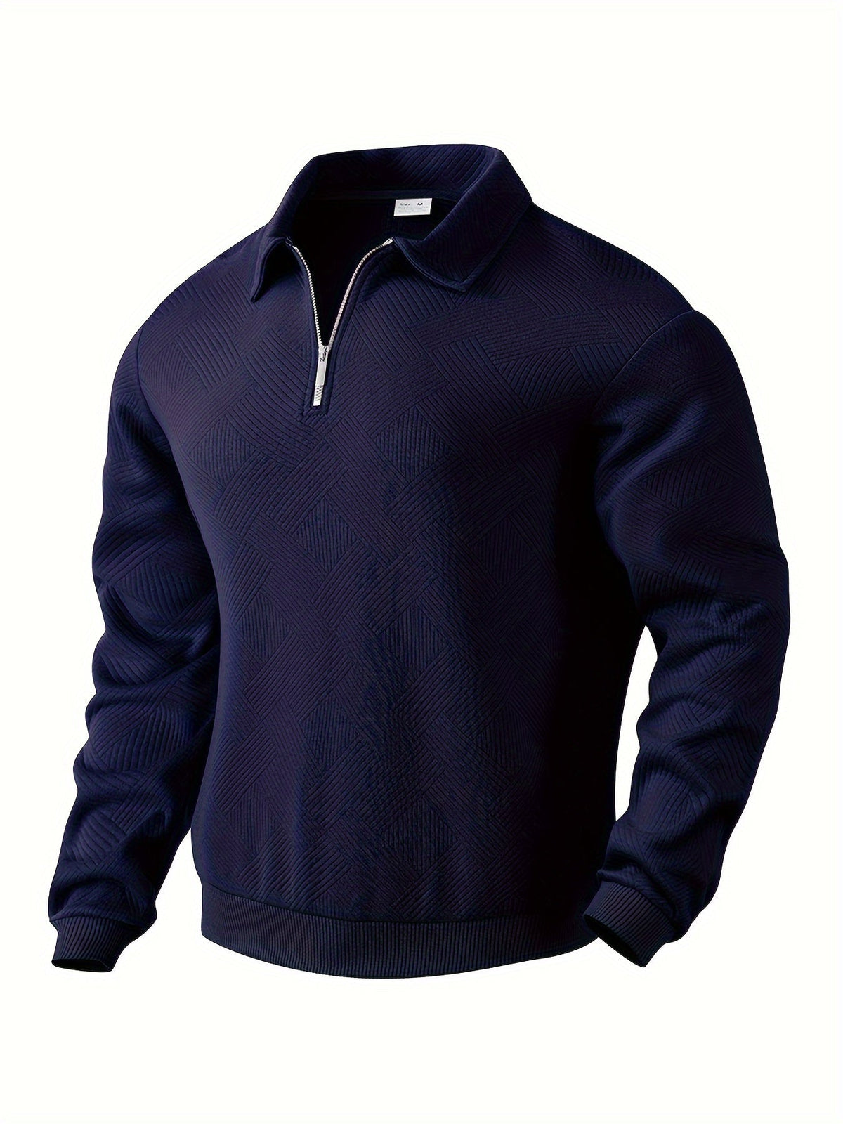 Fall Textured Geometric Polo Collar Quarter Zip Sweater for Men in Navy Blue