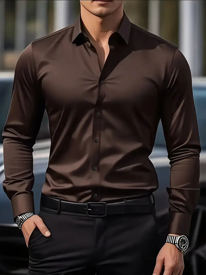 Fall Slim Fit Breathable Long Sleeve Dress Shirt for Men in Coffee