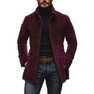 Fall Corduroy Stand Collar Button Front Short Coat for Men in Burgundy