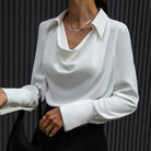 Fall Draped Cowl Neck Collared Long Sleeve Blouse for Women