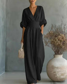 Fall V Neck High Waist Wide Leg Jumpsuit for Women in Black