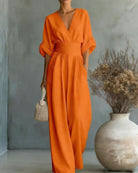 Fall V Neck High Waist Wide Leg Jumpsuit for Women in Orange