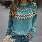 Winter Teal Fair Isle Knit Crewneck Sweater for Women