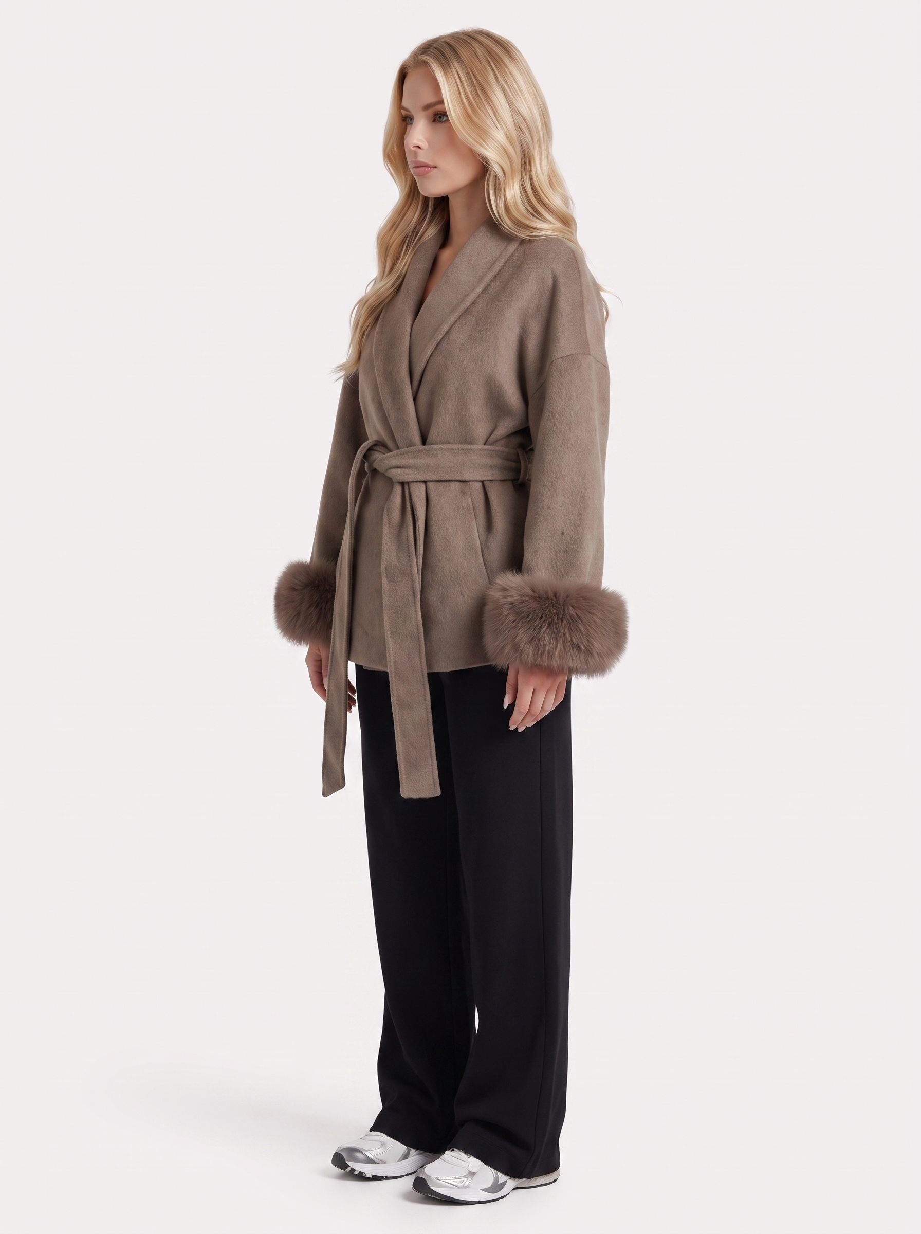 Wool Blend Wrap Coat Womens Shawl Collar Belted Faux Fur Cuffs