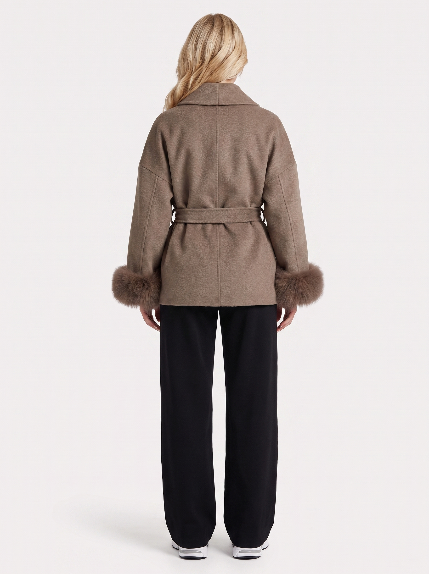 Wool Blend Wrap Coat Womens Shawl Collar Belted Faux Fur Cuffs