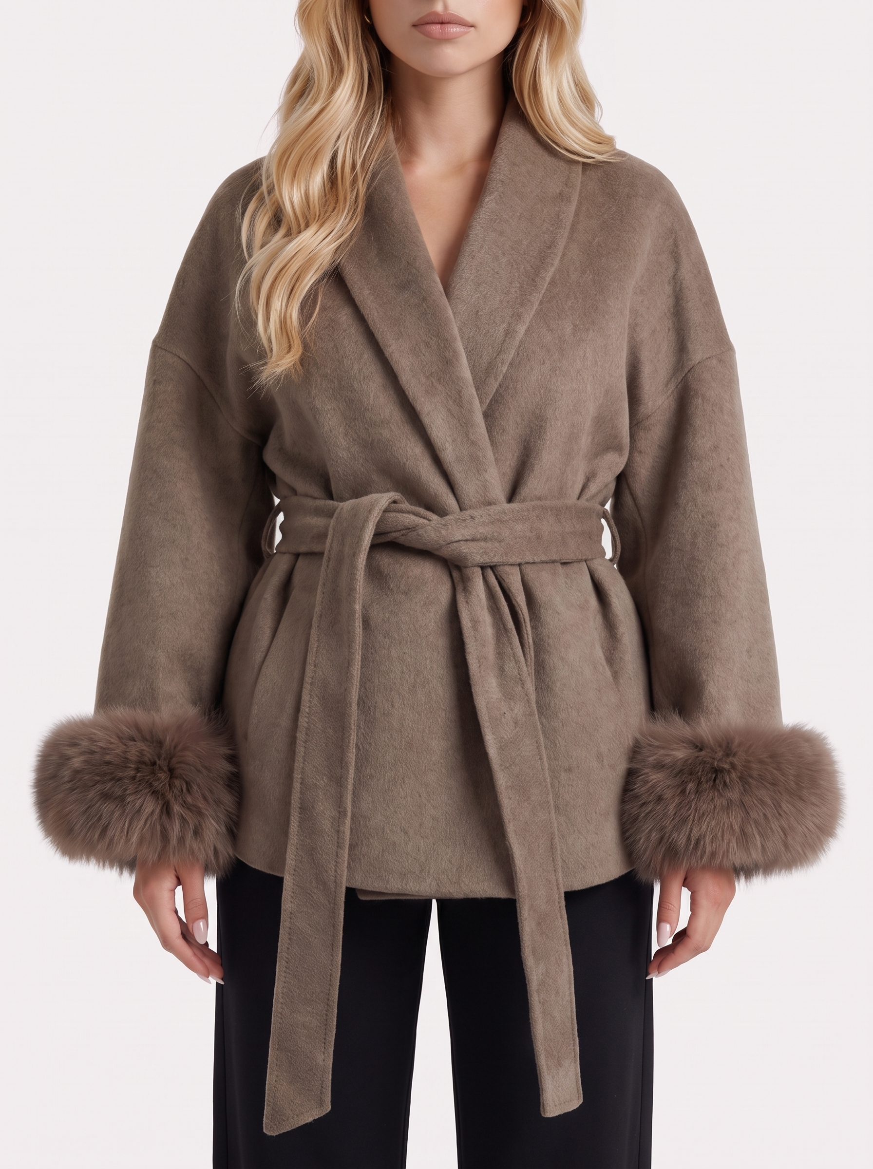 Wool Blend Wrap Coat Womens Shawl Collar Belted Faux Fur Cuffs