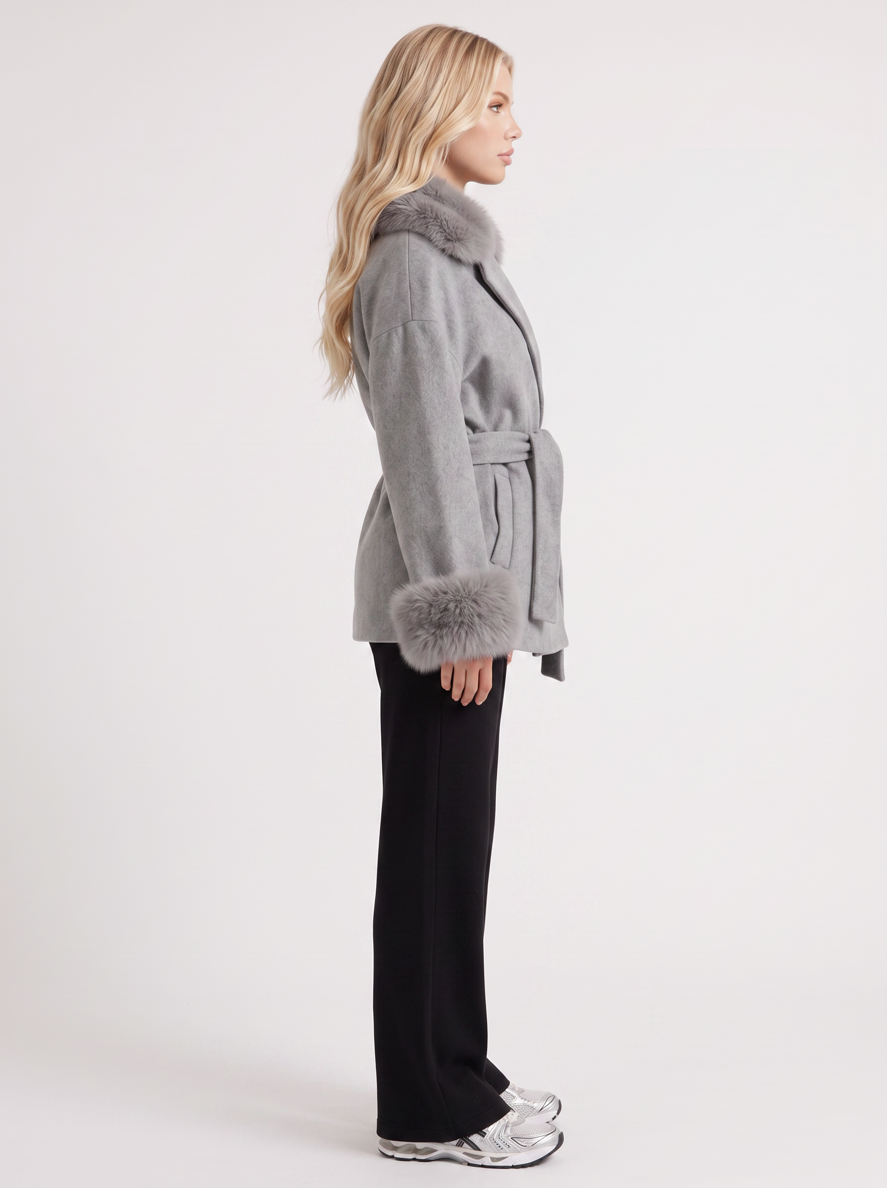 Wool Blend Wrap Coat Womens Shawl Collar Belted Faux Fur Cuffs