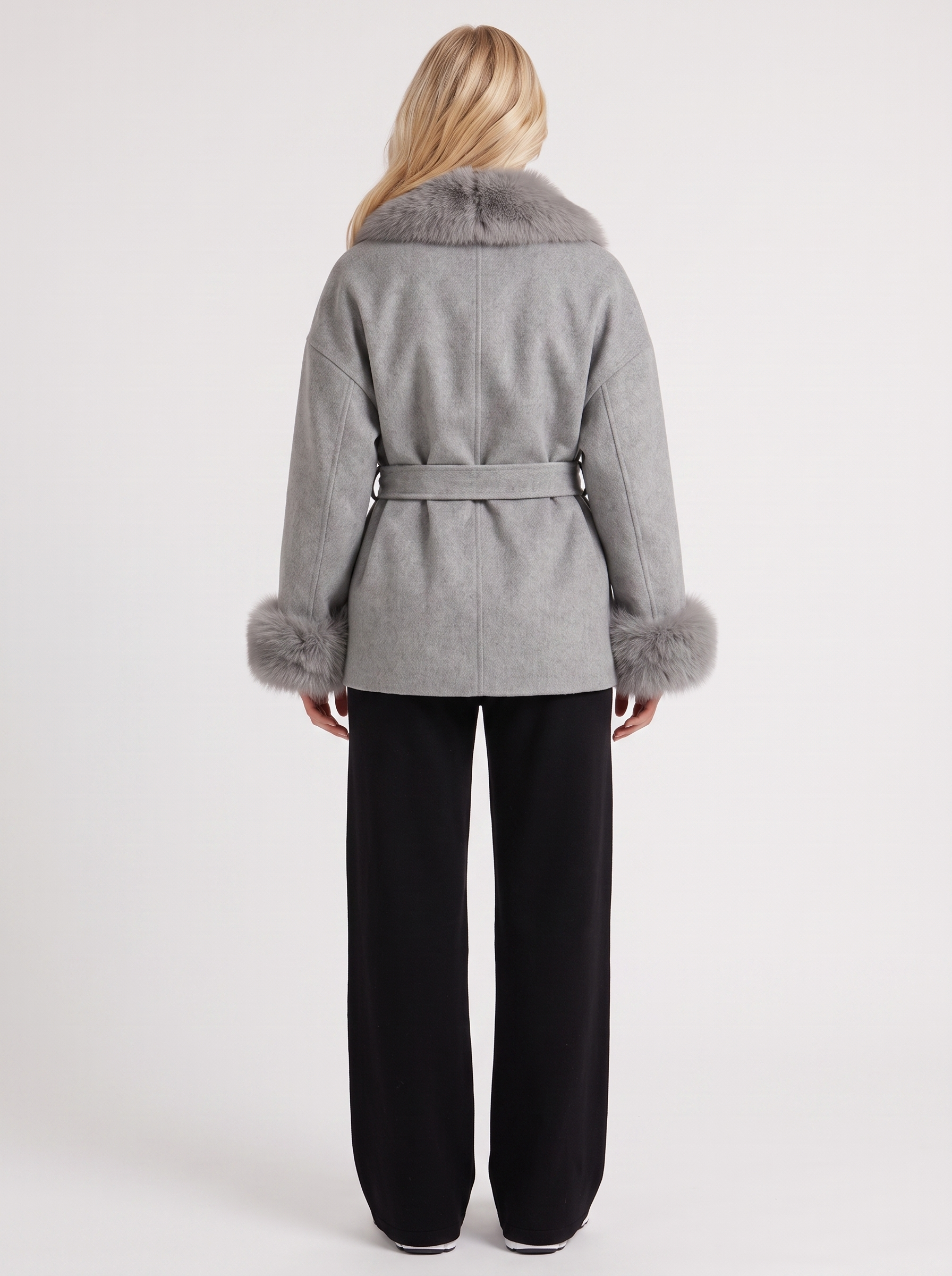 Wool Blend Wrap Coat Womens Shawl Collar Belted Faux Fur Cuffs