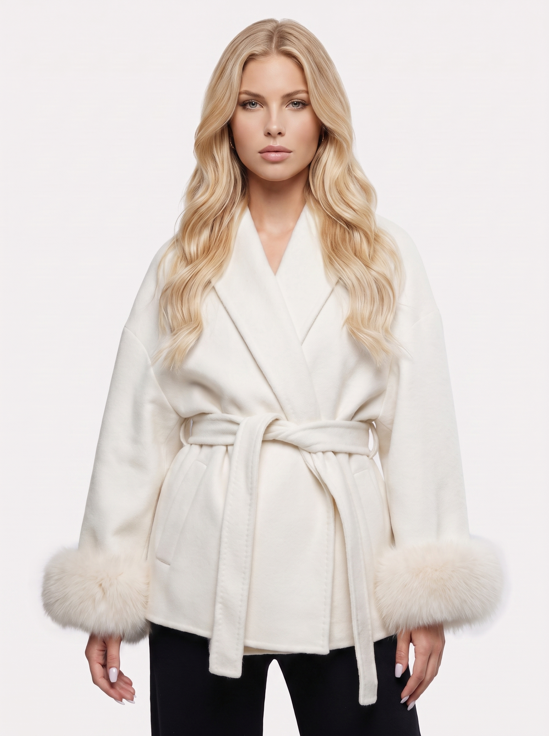 Wool Blend Wrap Coat Womens Shawl Collar Belted Faux Fur Cuffs