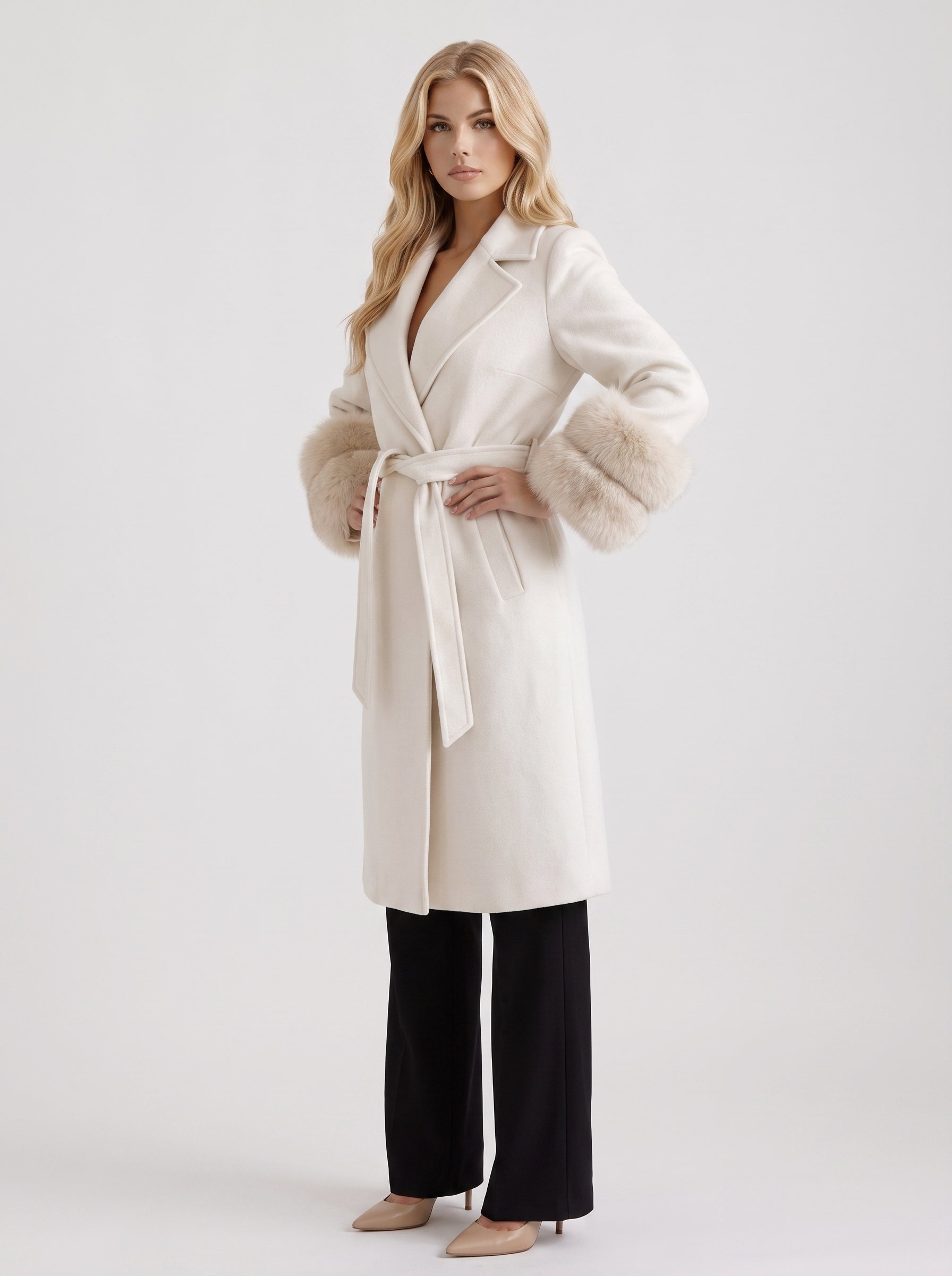 Wool Blend Wrap Coat Womens Shawl Collar Belted Faux Fur Cuffs