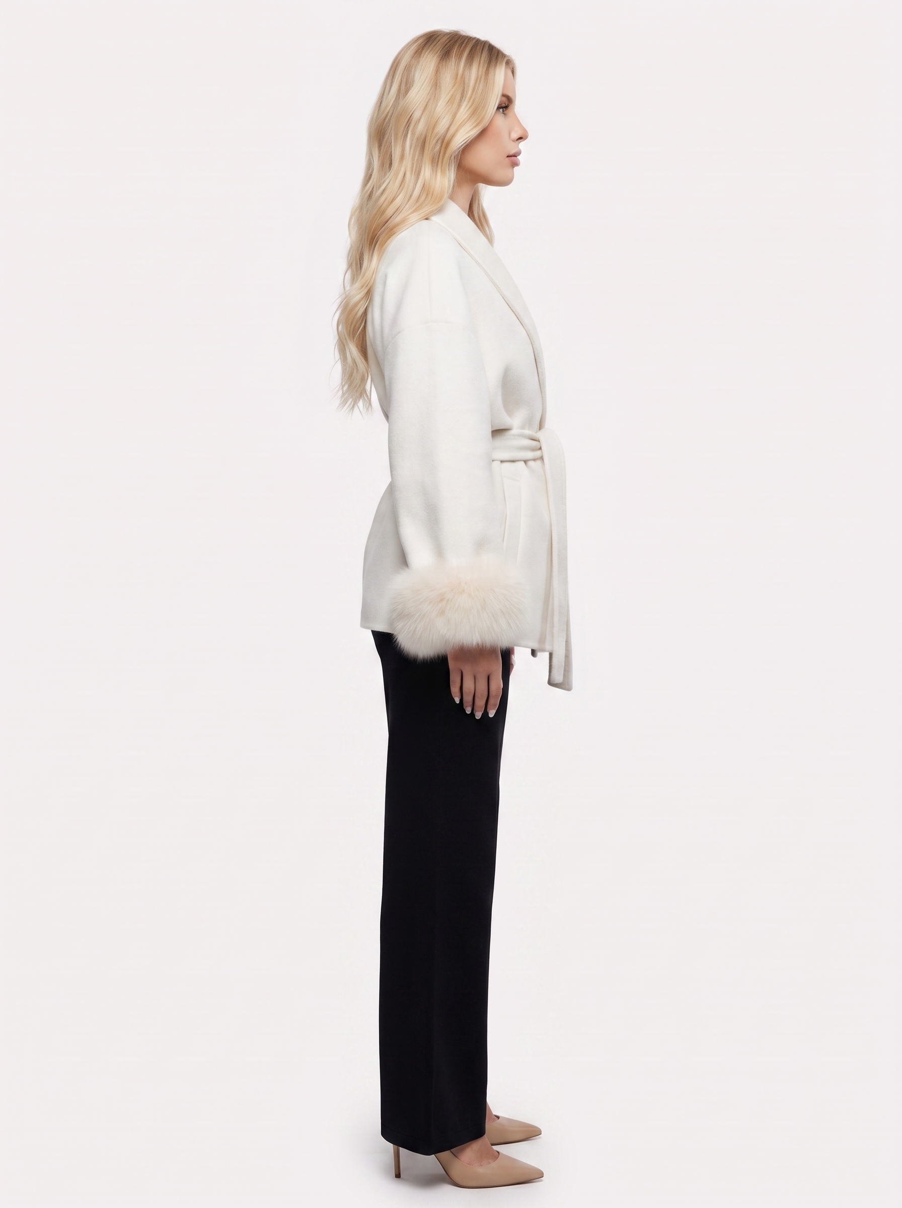 Wool Blend Wrap Coat Womens Shawl Collar Belted Faux Fur Cuffs