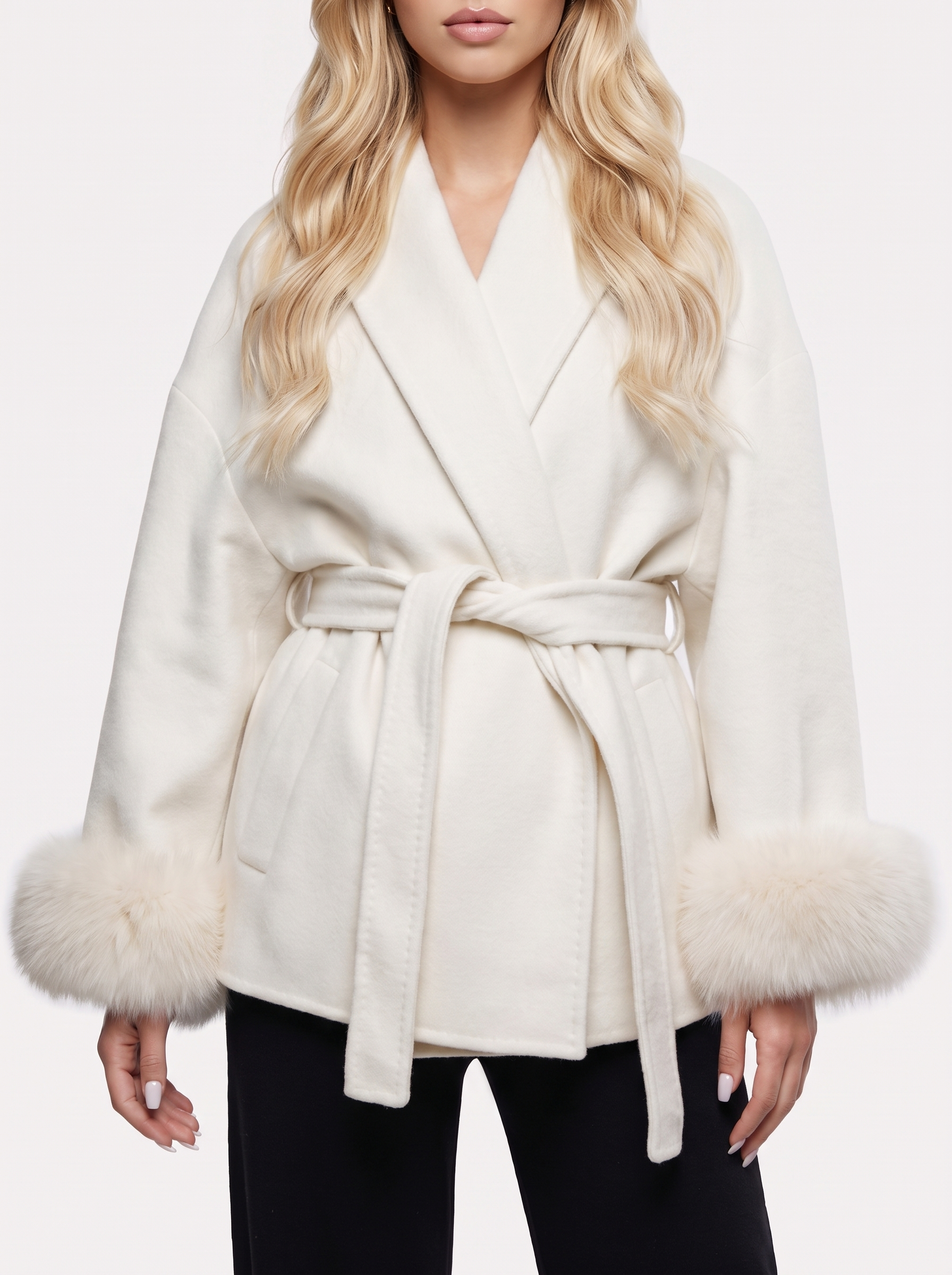 Wool Blend Wrap Coat Womens Shawl Collar Belted Faux Fur Cuffs